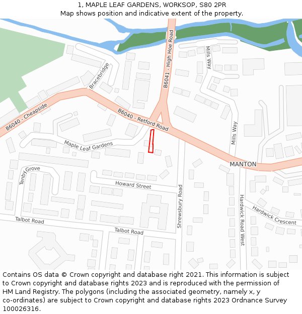1, MAPLE LEAF GARDENS, WORKSOP, S80 2PR: Location map and indicative extent of plot