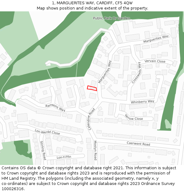 1, MARGUERITES WAY, CARDIFF, CF5 4QW: Location map and indicative extent of plot