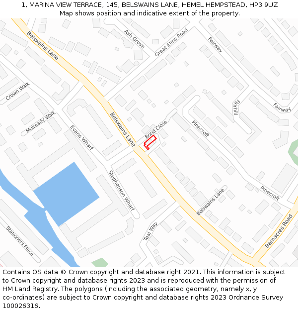 1, MARINA VIEW TERRACE, 145, BELSWAINS LANE, HEMEL HEMPSTEAD, HP3 9UZ: Location map and indicative extent of plot