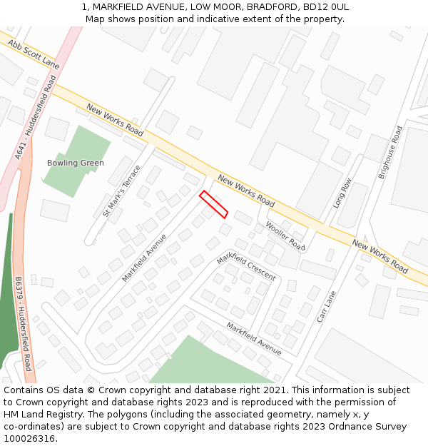 1, MARKFIELD AVENUE, LOW MOOR, BRADFORD, BD12 0UL: Location map and indicative extent of plot