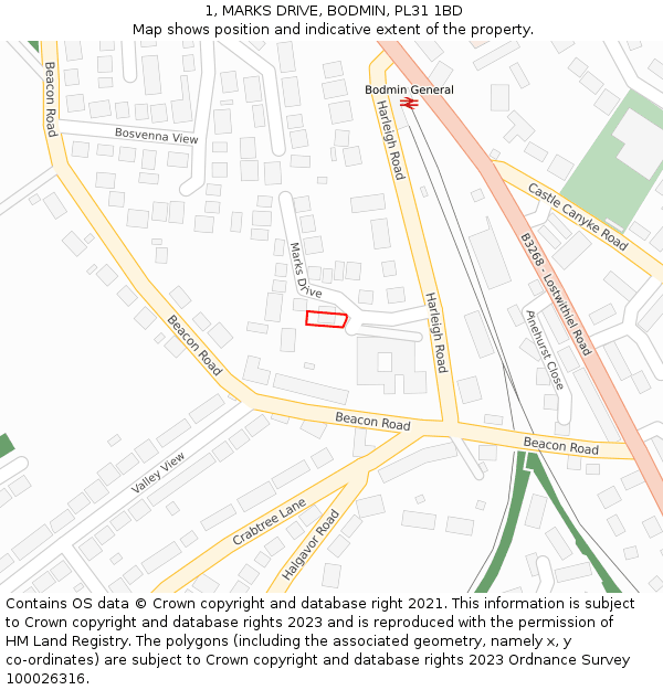 1, MARKS DRIVE, BODMIN, PL31 1BD: Location map and indicative extent of plot
