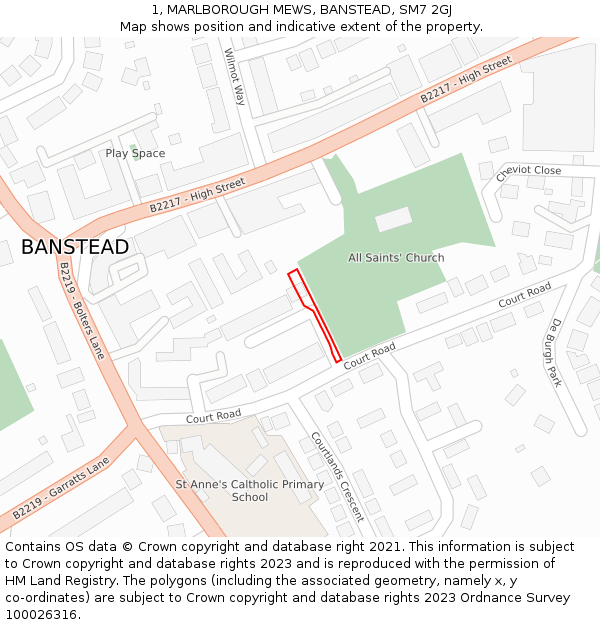 1, MARLBOROUGH MEWS, BANSTEAD, SM7 2GJ: Location map and indicative extent of plot