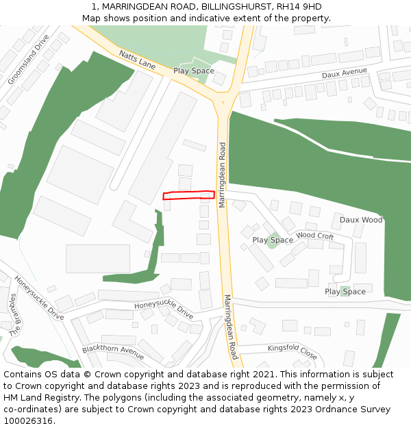 1, MARRINGDEAN ROAD, BILLINGSHURST, RH14 9HD: Location map and indicative extent of plot