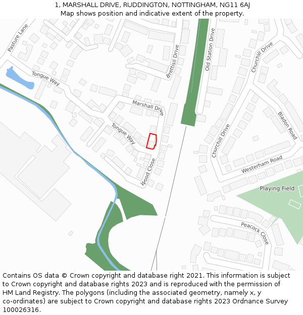 1, MARSHALL DRIVE, RUDDINGTON, NOTTINGHAM, NG11 6AJ: Location map and indicative extent of plot