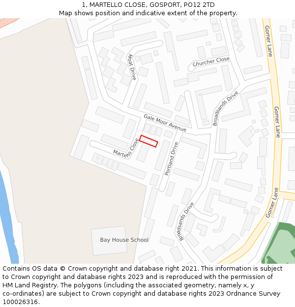 1, MARTELLO CLOSE, GOSPORT, PO12 2TD: Location map and indicative extent of plot