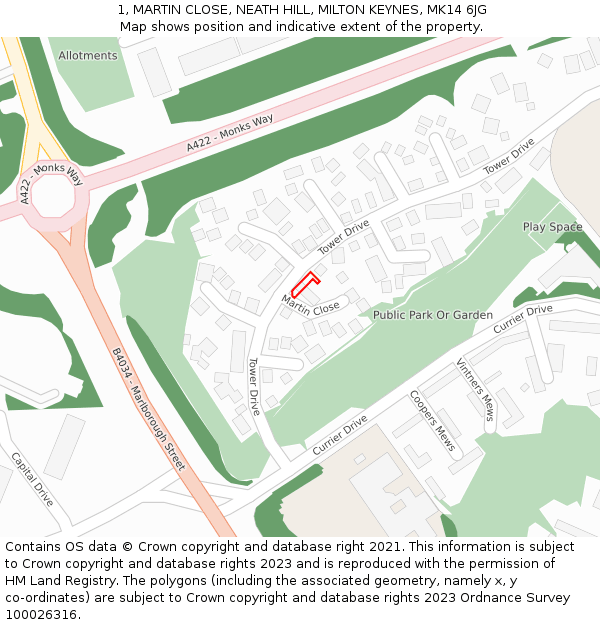 1, MARTIN CLOSE, NEATH HILL, MILTON KEYNES, MK14 6JG: Location map and indicative extent of plot