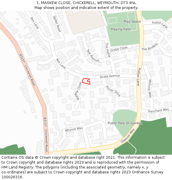 1, MASKEW CLOSE, CHICKERELL, WEYMOUTH, DT3 4NL: Location map and indicative extent of plot