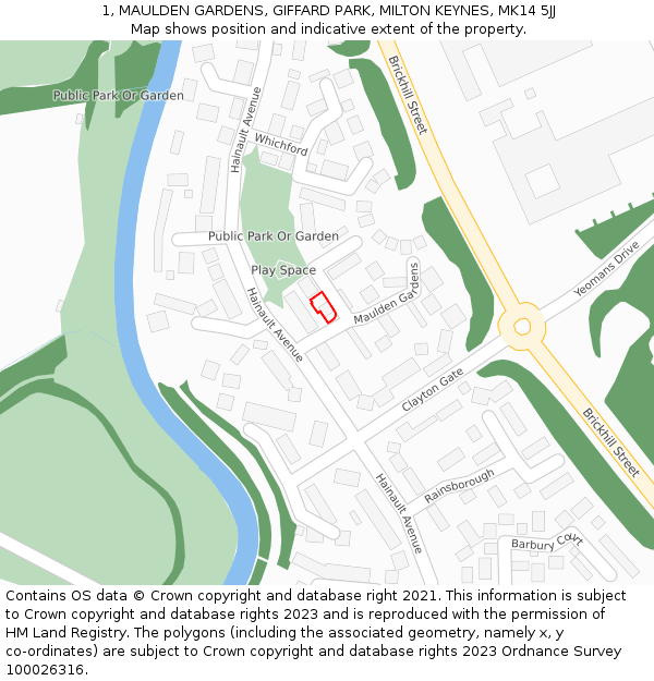 1, MAULDEN GARDENS, GIFFARD PARK, MILTON KEYNES, MK14 5JJ: Location map and indicative extent of plot