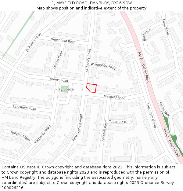 1, MAYFIELD ROAD, BANBURY, OX16 9DW: Location map and indicative extent of plot