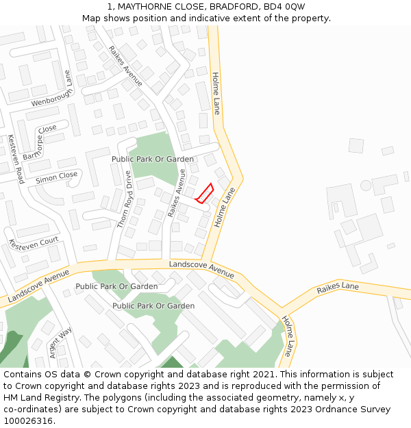 1, MAYTHORNE CLOSE, BRADFORD, BD4 0QW: Location map and indicative extent of plot