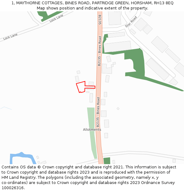 1, MAYTHORNE COTTAGES, BINES ROAD, PARTRIDGE GREEN, HORSHAM, RH13 8EQ: Location map and indicative extent of plot