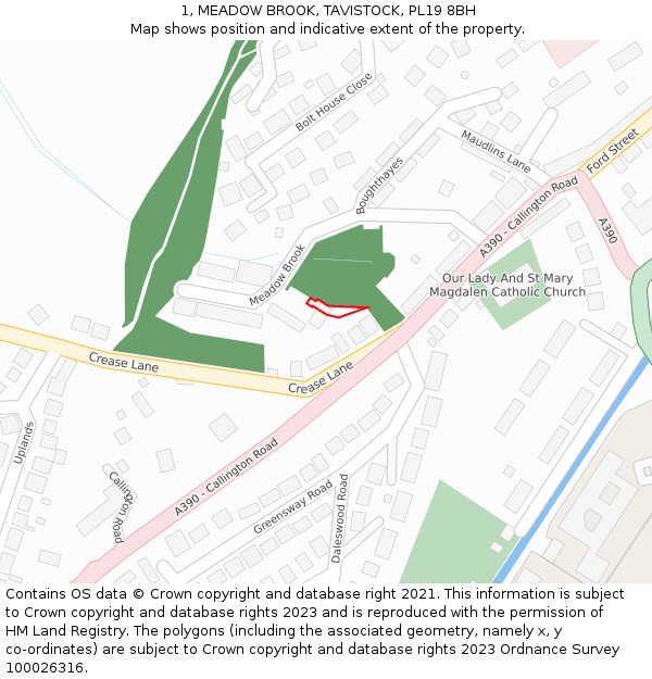 1, MEADOW BROOK, TAVISTOCK, PL19 8BH: Location map and indicative extent of plot