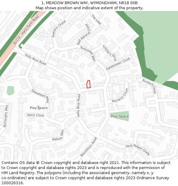 1, MEADOW BROWN WAY, WYMONDHAM, NR18 0XB: Location map and indicative extent of plot