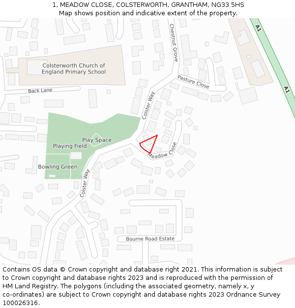 1, MEADOW CLOSE, COLSTERWORTH, GRANTHAM, NG33 5HS: Location map and indicative extent of plot