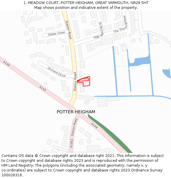 1, MEADOW COURT, POTTER HEIGHAM, GREAT YARMOUTH, NR29 5HT: Location map and indicative extent of plot