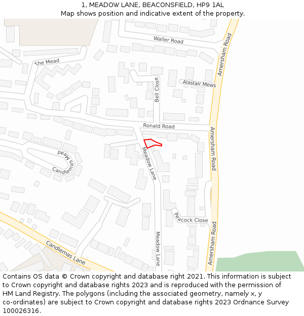 1, MEADOW LANE, BEACONSFIELD, HP9 1AL: Location map and indicative extent of plot