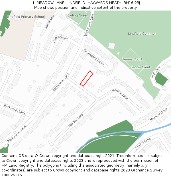 1, MEADOW LANE, LINDFIELD, HAYWARDS HEATH, RH16 2RJ: Location map and indicative extent of plot