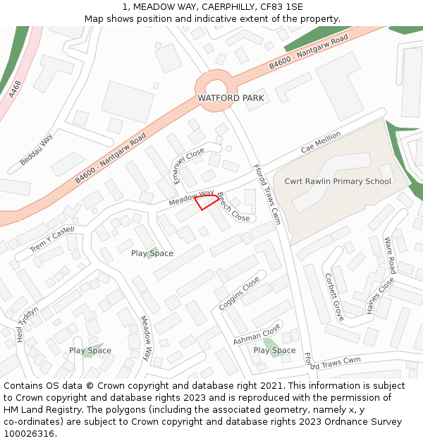 1, MEADOW WAY, CAERPHILLY, CF83 1SE: Location map and indicative extent of plot