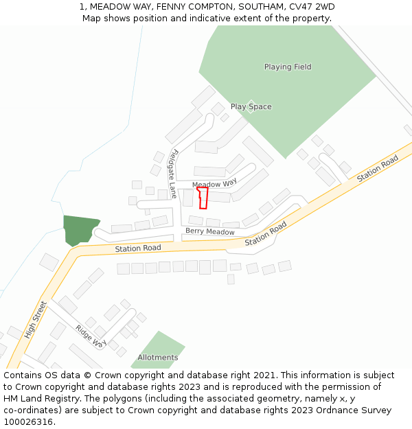 1, MEADOW WAY, FENNY COMPTON, SOUTHAM, CV47 2WD: Location map and indicative extent of plot