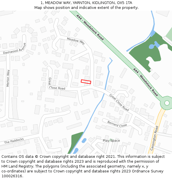 1, MEADOW WAY, YARNTON, KIDLINGTON, OX5 1TA: Location map and indicative extent of plot