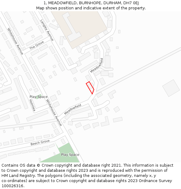 1, MEADOWFIELD, BURNHOPE, DURHAM, DH7 0EJ: Location map and indicative extent of plot
