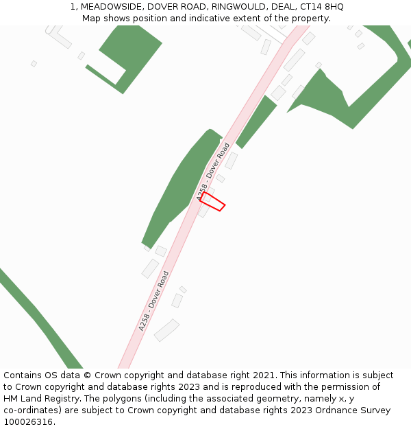 1, MEADOWSIDE, DOVER ROAD, RINGWOULD, DEAL, CT14 8HQ: Location map and indicative extent of plot