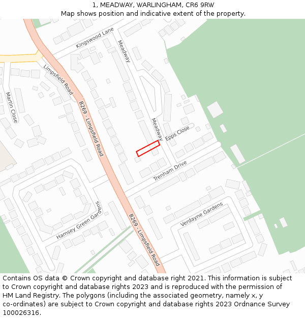 1, MEADWAY, WARLINGHAM, CR6 9RW: Location map and indicative extent of plot