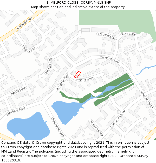 1, MELFORD CLOSE, CORBY, NN18 8NF: Location map and indicative extent of plot