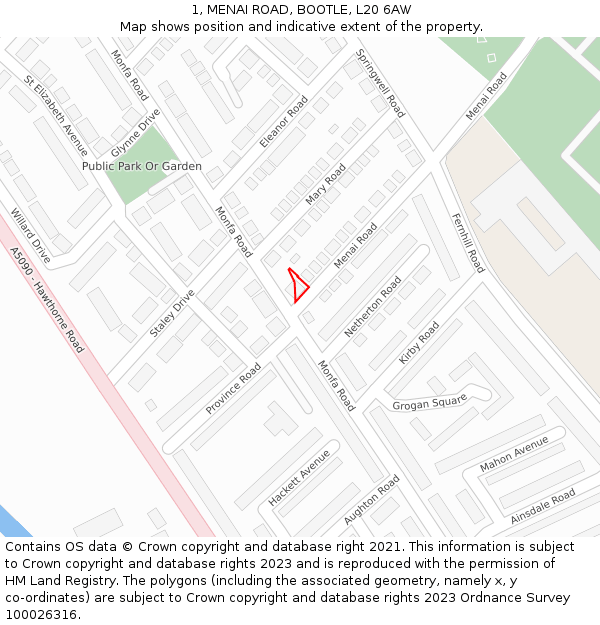 1, MENAI ROAD, BOOTLE, L20 6AW: Location map and indicative extent of plot