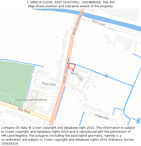 1, MERCIA CLOSE, EAST HUNTSPILL, HIGHBRIDGE, TA9 3NT: Location map and indicative extent of plot