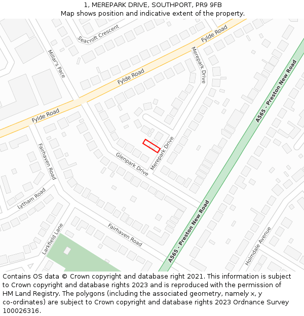 1, MEREPARK DRIVE, SOUTHPORT, PR9 9FB: Location map and indicative extent of plot