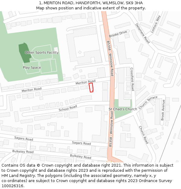 1, MERITON ROAD, HANDFORTH, WILMSLOW, SK9 3HA: Location map and indicative extent of plot