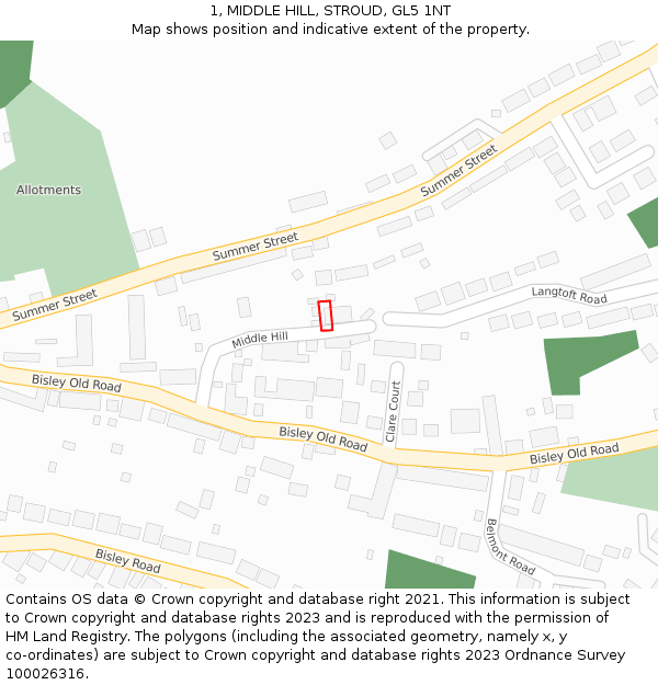 1, MIDDLE HILL, STROUD, GL5 1NT: Location map and indicative extent of plot