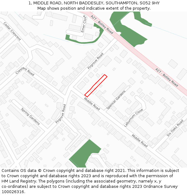 1, MIDDLE ROAD, NORTH BADDESLEY, SOUTHAMPTON, SO52 9HY: Location map and indicative extent of plot