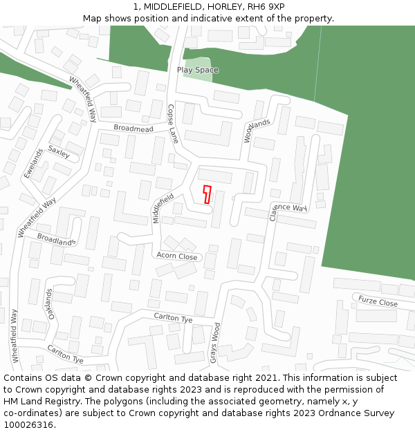 1, MIDDLEFIELD, HORLEY, RH6 9XP: Location map and indicative extent of plot