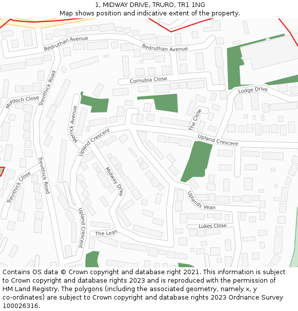 1, MIDWAY DRIVE, TRURO, TR1 1NG: Location map and indicative extent of plot