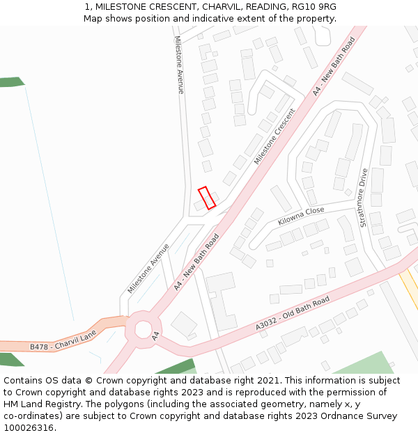 1, MILESTONE CRESCENT, CHARVIL, READING, RG10 9RG: Location map and indicative extent of plot