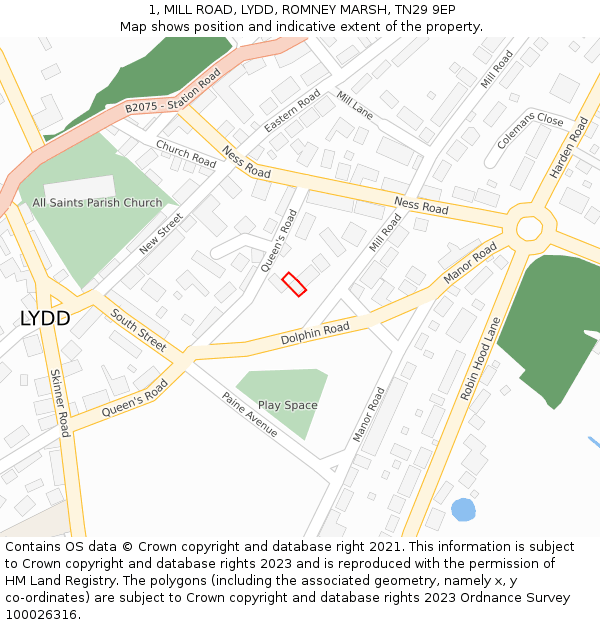 1, MILL ROAD, LYDD, ROMNEY MARSH, TN29 9EP: Location map and indicative extent of plot