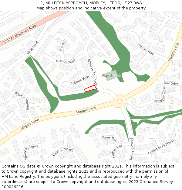 1, MILLBECK APPROACH, MORLEY, LEEDS, LS27 8WA: Location map and indicative extent of plot