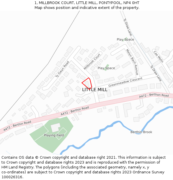 1, MILLBROOK COURT, LITTLE MILL, PONTYPOOL, NP4 0HT: Location map and indicative extent of plot