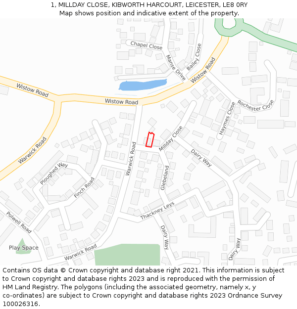 1, MILLDAY CLOSE, KIBWORTH HARCOURT, LEICESTER, LE8 0RY: Location map and indicative extent of plot