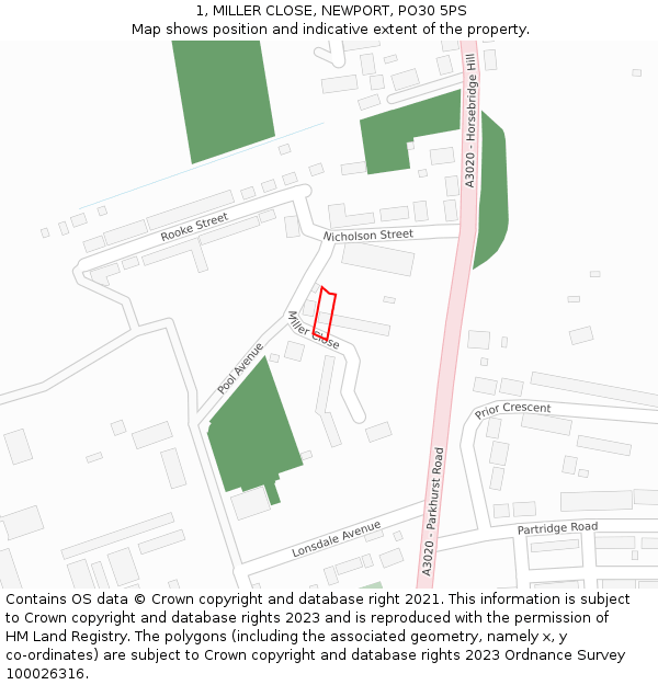 1, MILLER CLOSE, NEWPORT, PO30 5PS: Location map and indicative extent of plot