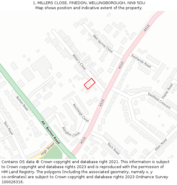 1, MILLERS CLOSE, FINEDON, WELLINGBOROUGH, NN9 5DU: Location map and indicative extent of plot