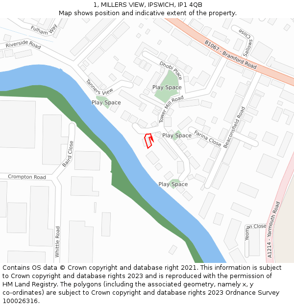 1, MILLERS VIEW, IPSWICH, IP1 4QB: Location map and indicative extent of plot