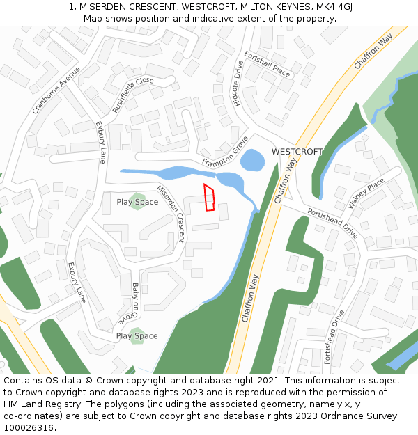 1, MISERDEN CRESCENT, WESTCROFT, MILTON KEYNES, MK4 4GJ: Location map and indicative extent of plot