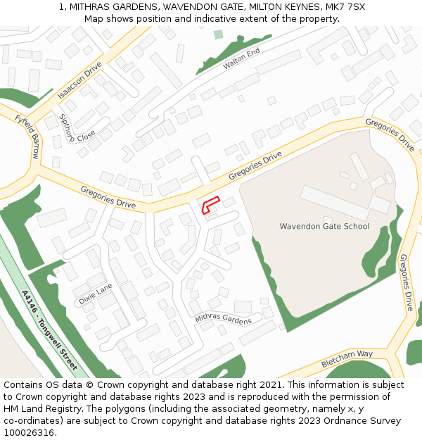 1, MITHRAS GARDENS, WAVENDON GATE, MILTON KEYNES, MK7 7SX: Location map and indicative extent of plot