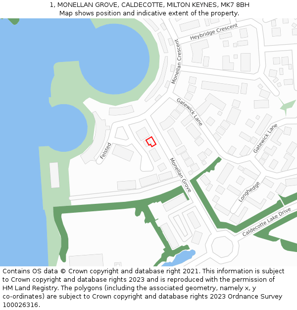 1, MONELLAN GROVE, CALDECOTTE, MILTON KEYNES, MK7 8BH: Location map and indicative extent of plot