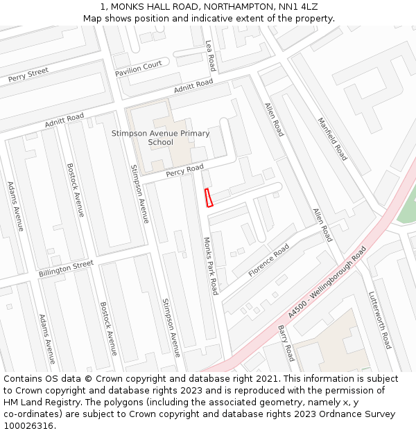 1, MONKS HALL ROAD, NORTHAMPTON, NN1 4LZ: Location map and indicative extent of plot