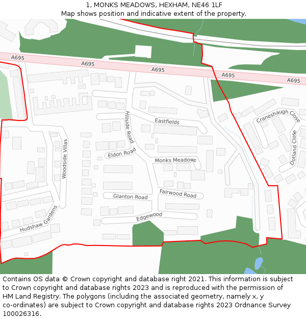 1, MONKS MEADOWS, HEXHAM, NE46 1LF: Location map and indicative extent of plot