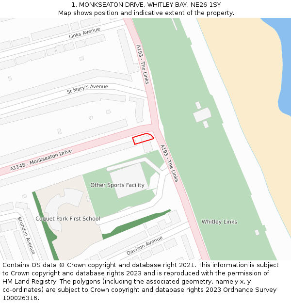 1, MONKSEATON DRIVE, WHITLEY BAY, NE26 1SY: Location map and indicative extent of plot